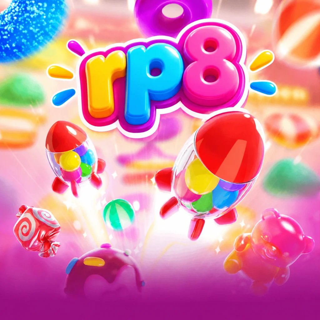 Tampilan visual Candy Burst di rp8 dengan latar permen manis dan roket warna-warni